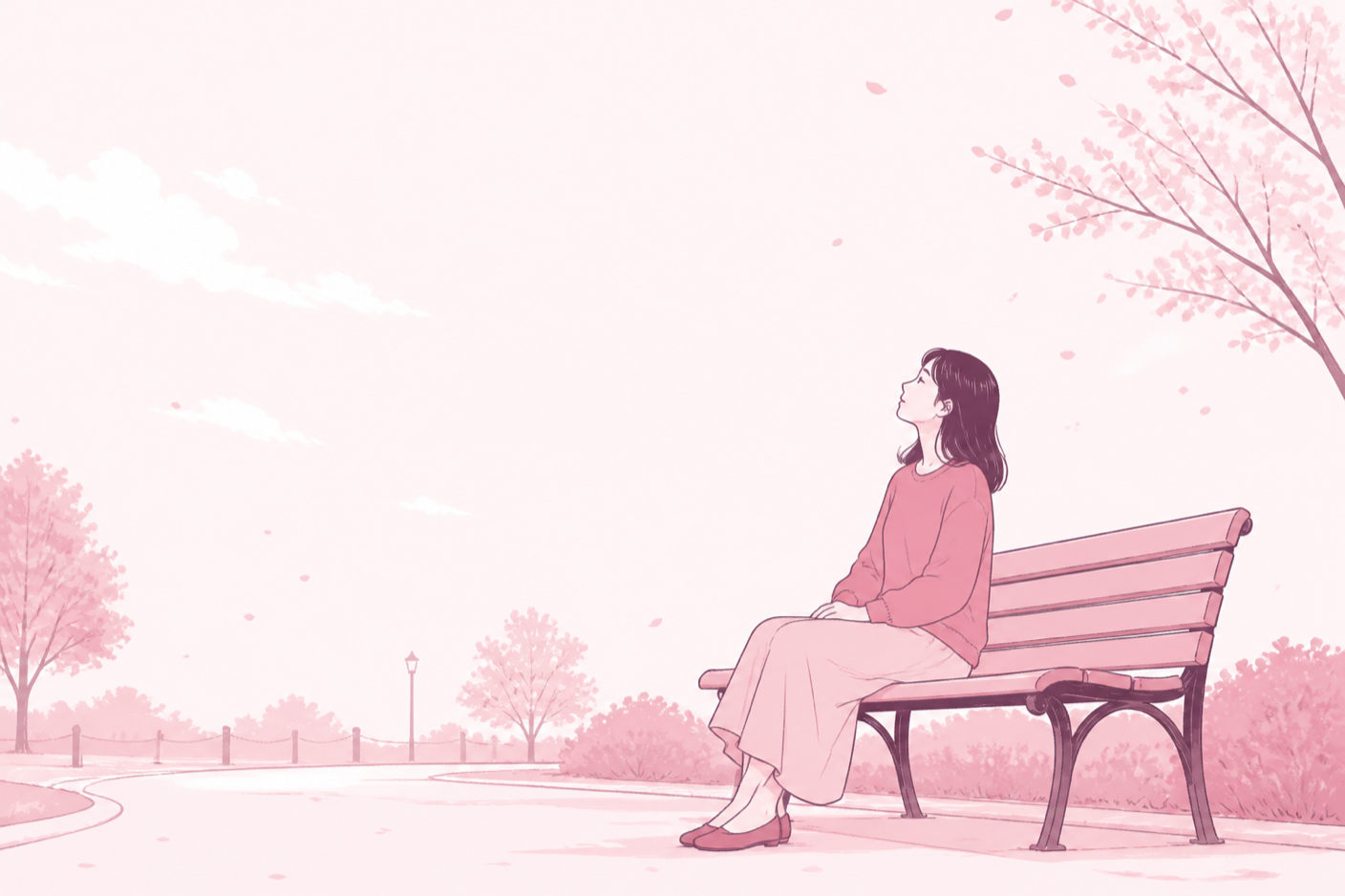 ベンチに座って、何も持たずに空を見上げている女性のイラスト