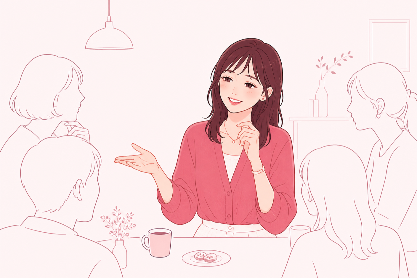 複数の人に囲まれて笑顔で対応している女性のイラスト