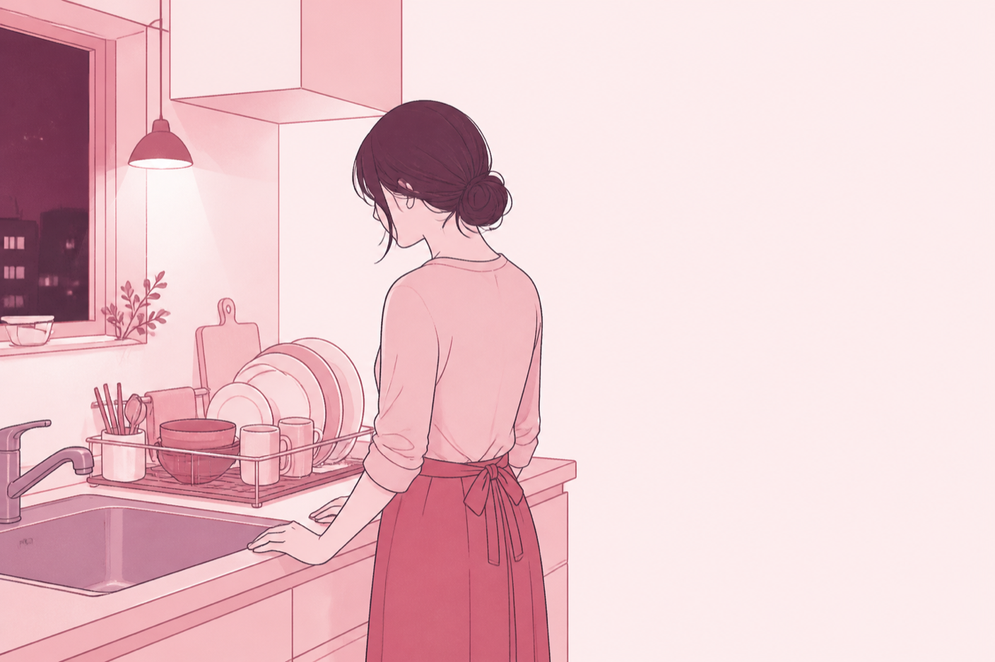 夜の台所で洗いものを終え、手を止めて立ち尽くしている女性のイラスト