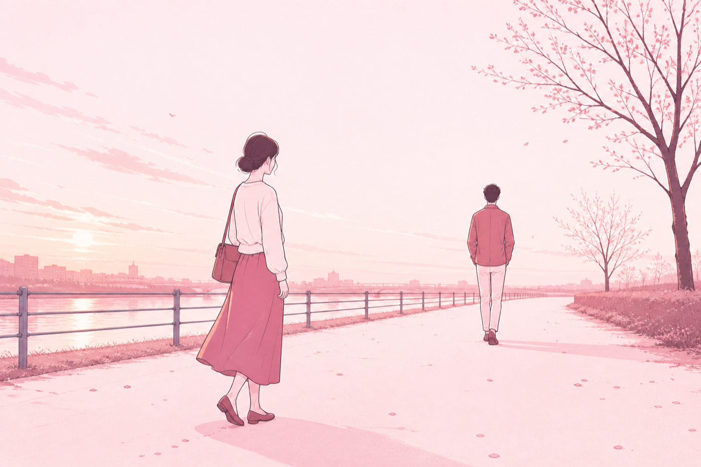 並んで歩いていて、先を行く相手の背中を見ながら立ち止まりかけている女性のイラスト