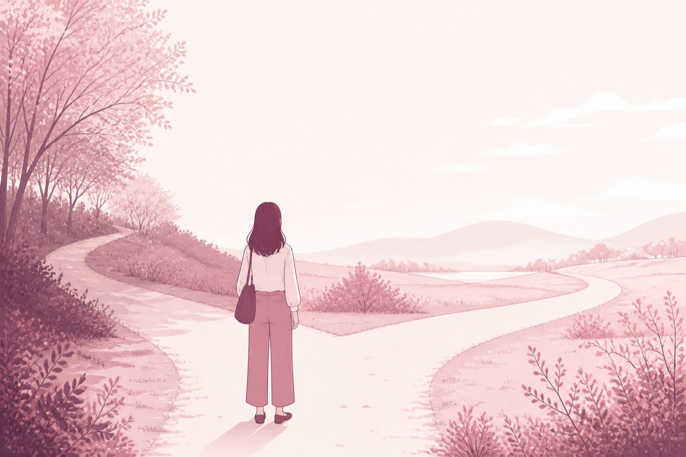 分かれ道の前で立ち止まっている女性の後ろ姿のイラスト