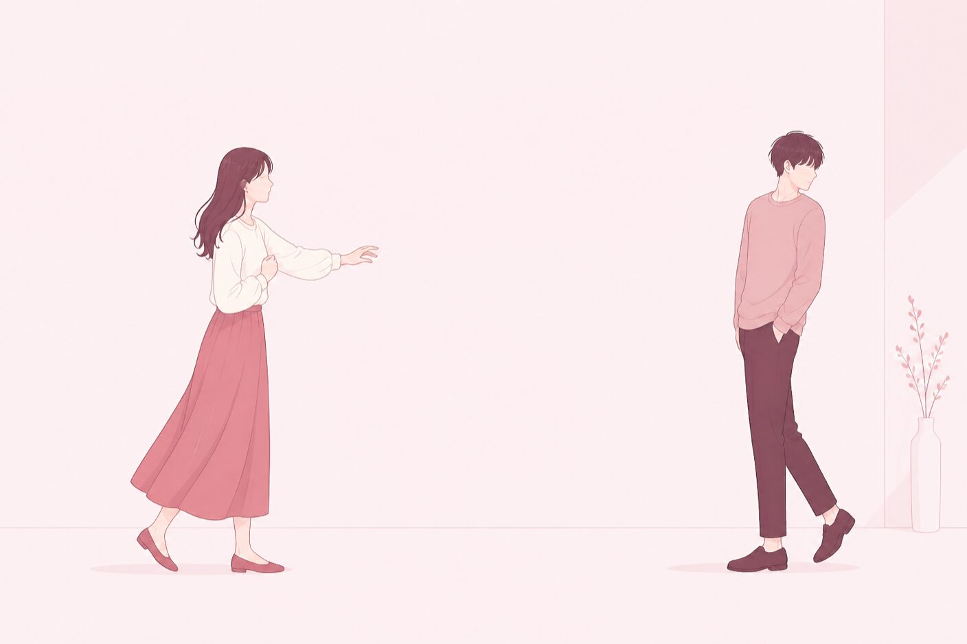 手を伸ばしかける女性と、半歩身を引いて視線を外す相手のイラスト