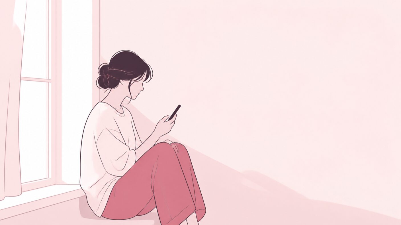 窓辺でスマートフォンを手に視線を落とす女性のイラスト