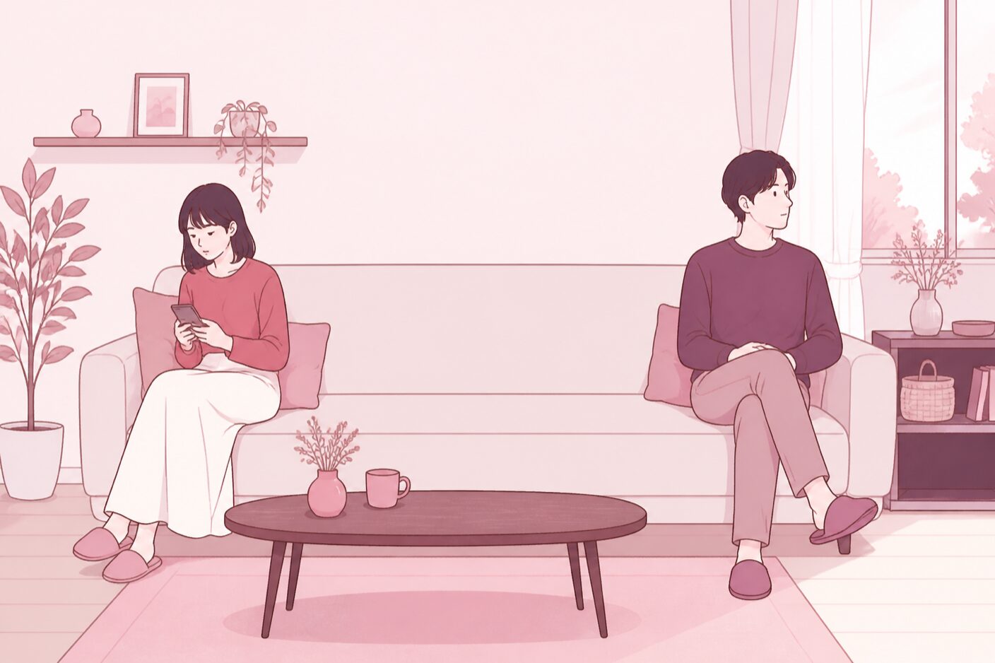 同じ部屋のソファの両端に離れて座り、それぞれ別のことをしている二人のイラスト