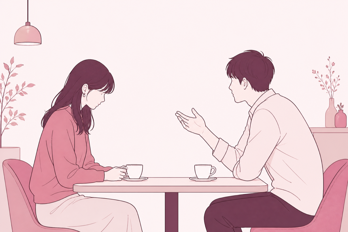 話し終えて視線を落とした女性と、良かれと思って説明を続けている男性のイラスト