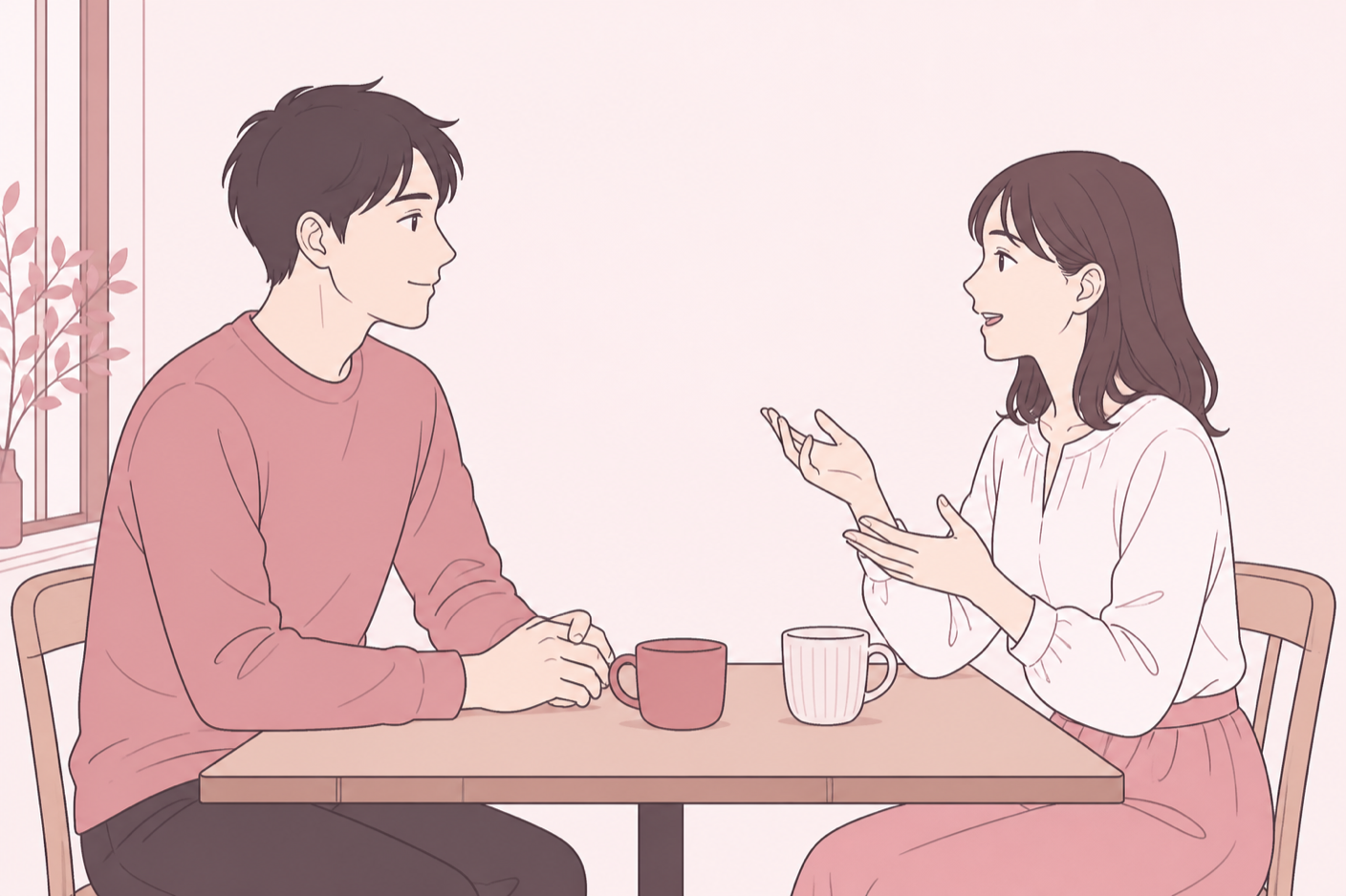 言葉を止めて静かに話を聞いている男性と、安心した表情で話し続けている女性のイラスト