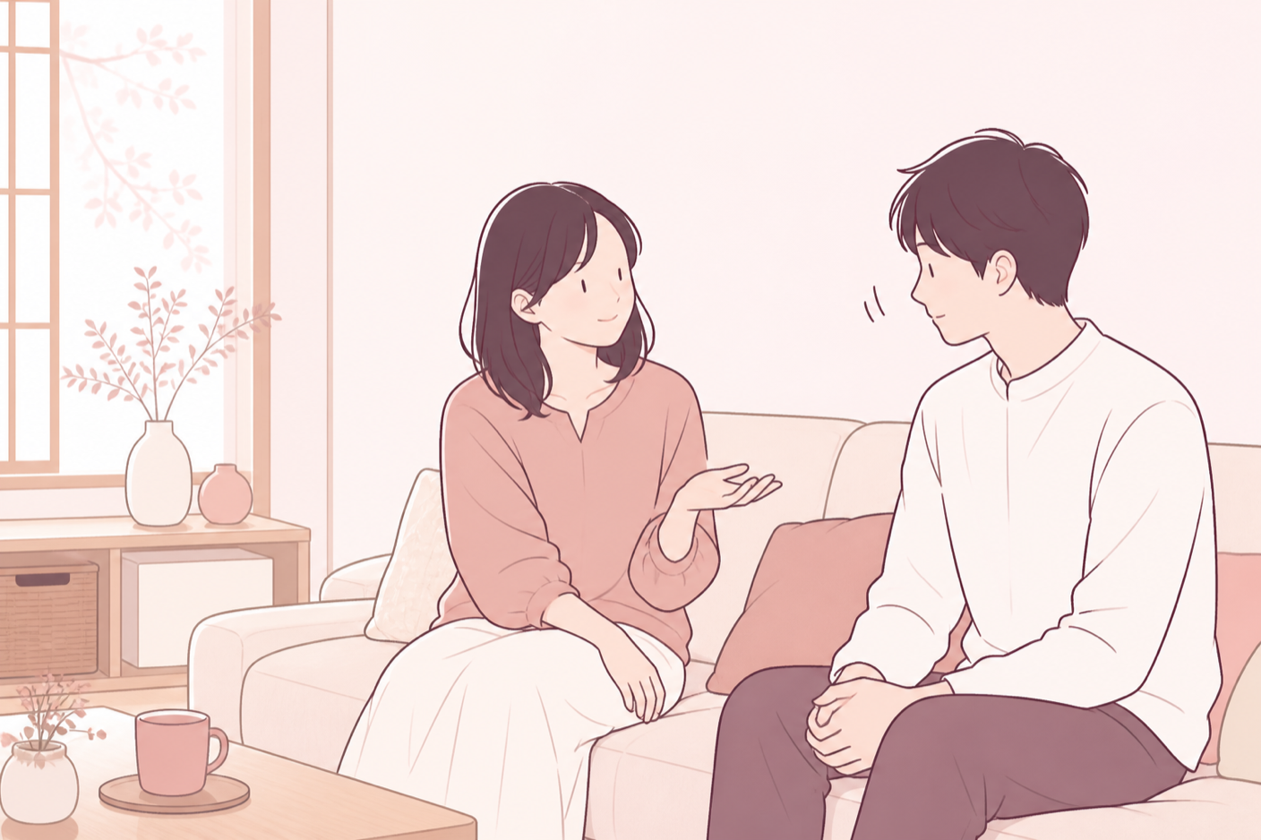 話す前にやわらかく前置きをしている女性と、うなずいて聞いている男性のイラスト