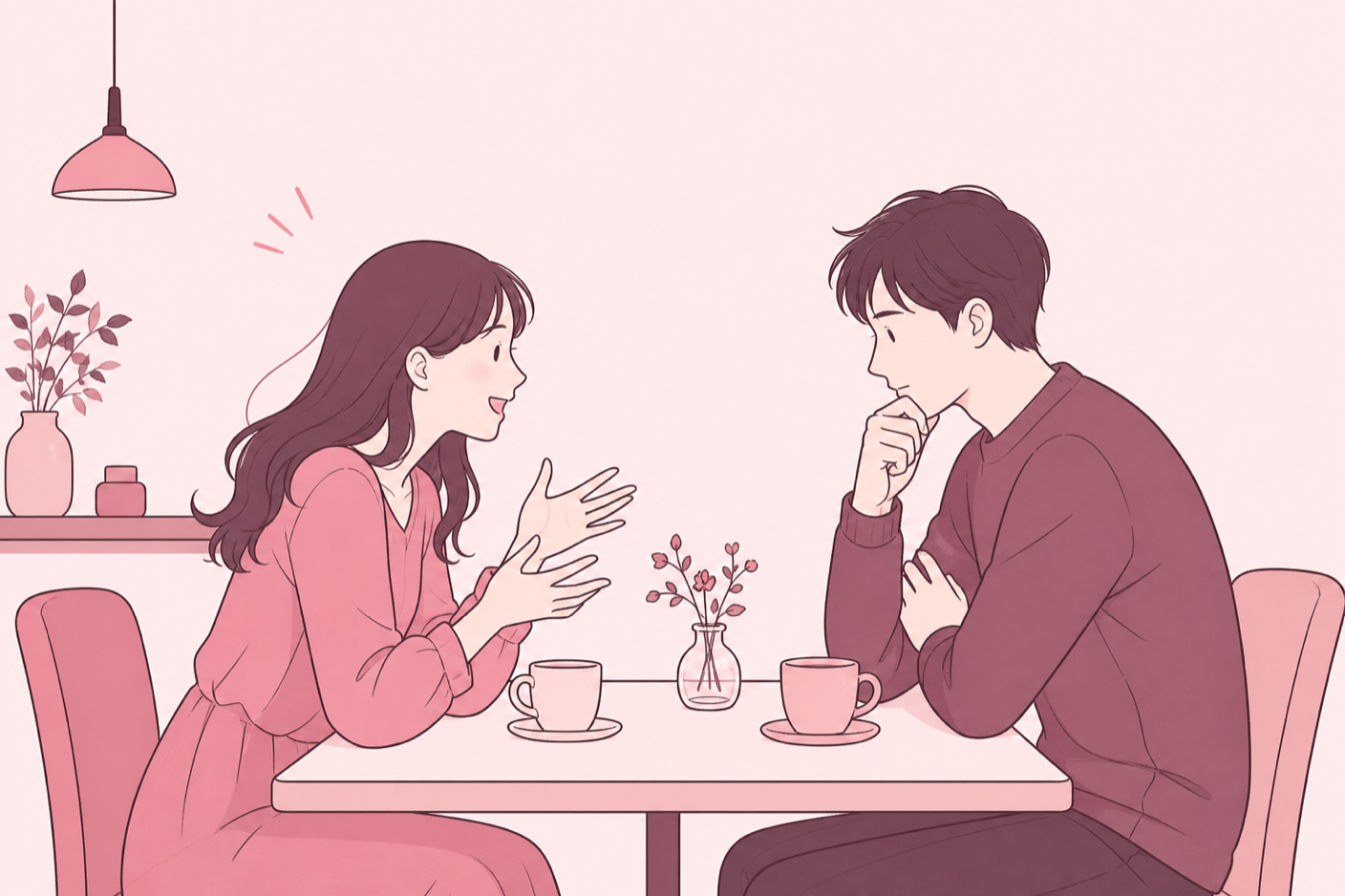 うれしそうに報告する女性と、真剣な顔で次の一手を考えはじめている男性のイラスト