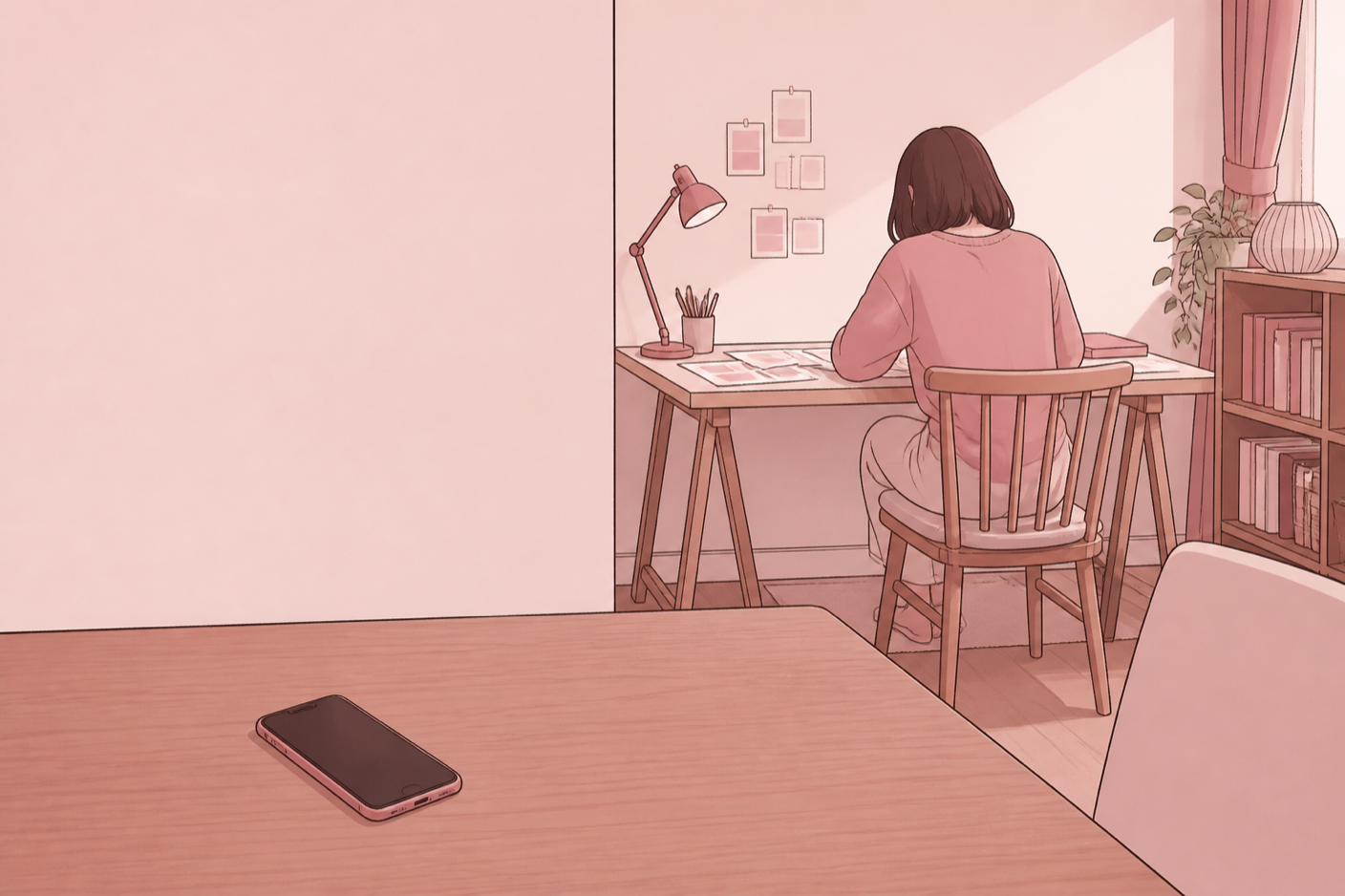 机に向かって何かに没頭している人と、手前に置きっぱなしのスマートフォンのイラスト