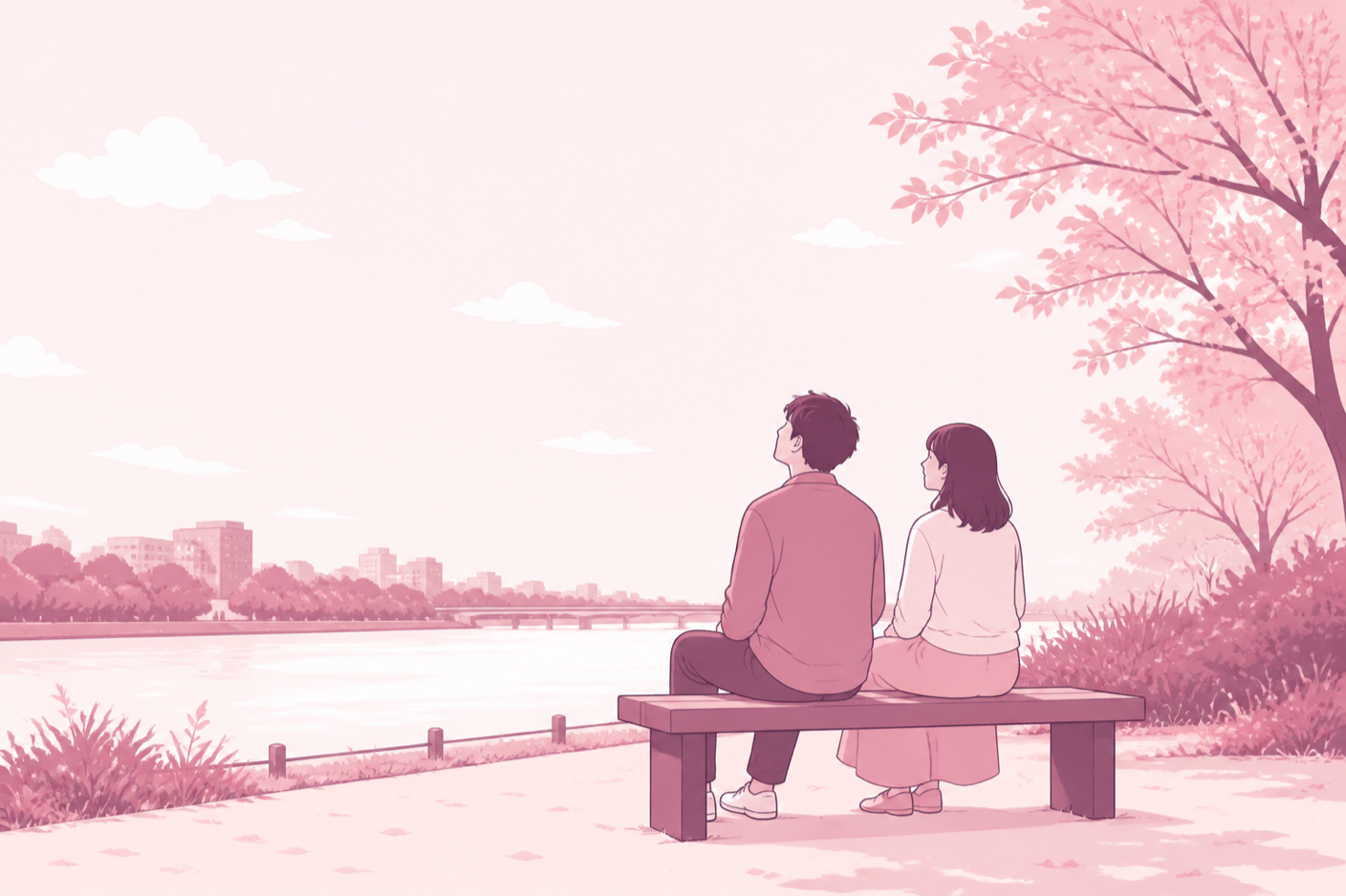 ベンチに並んで座り、体は自然に相手のほうを向いている2人のイラスト