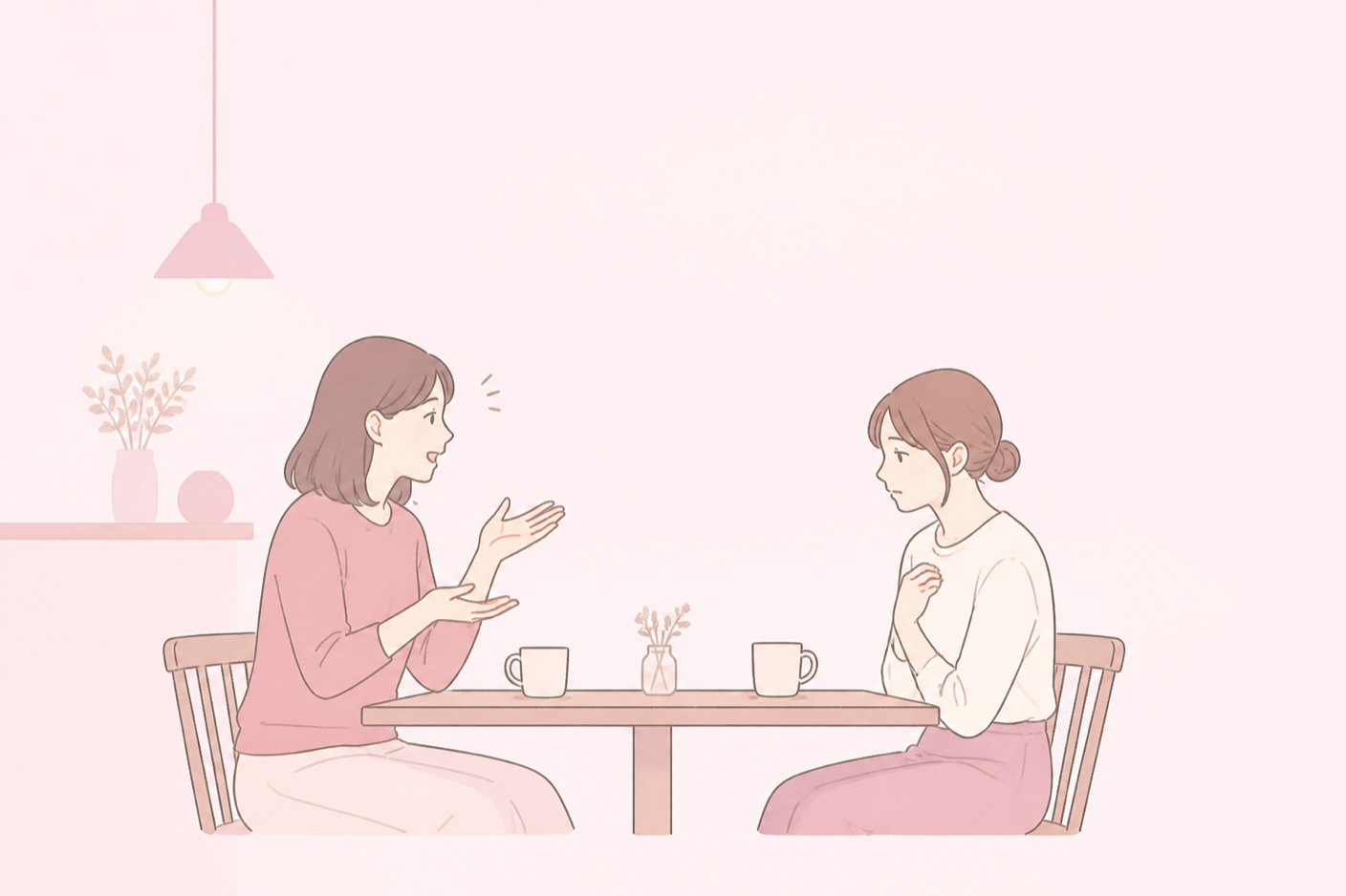 身振りを交えて楽しそうに話す人と、戸惑った表情でそれを見ている相手のイラスト