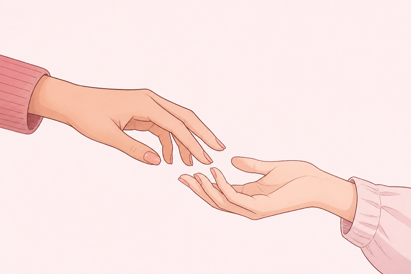 差し出された手に、もう一方の手がそっと重なる場面のイラスト