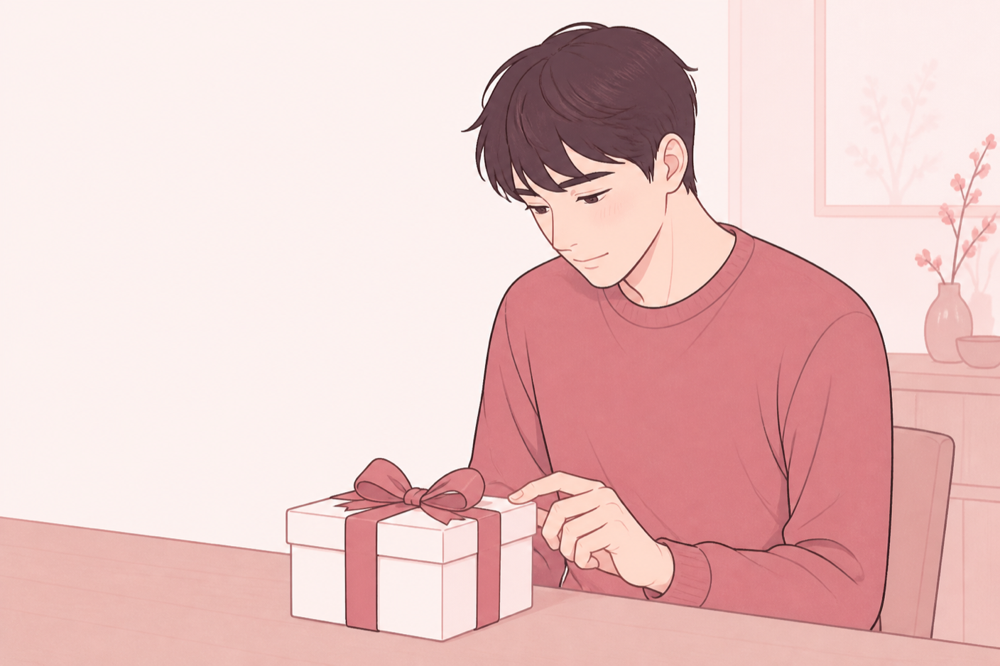 受け取った箱を前にして、少し困ったような表情で考え込んでいる男性のイラスト