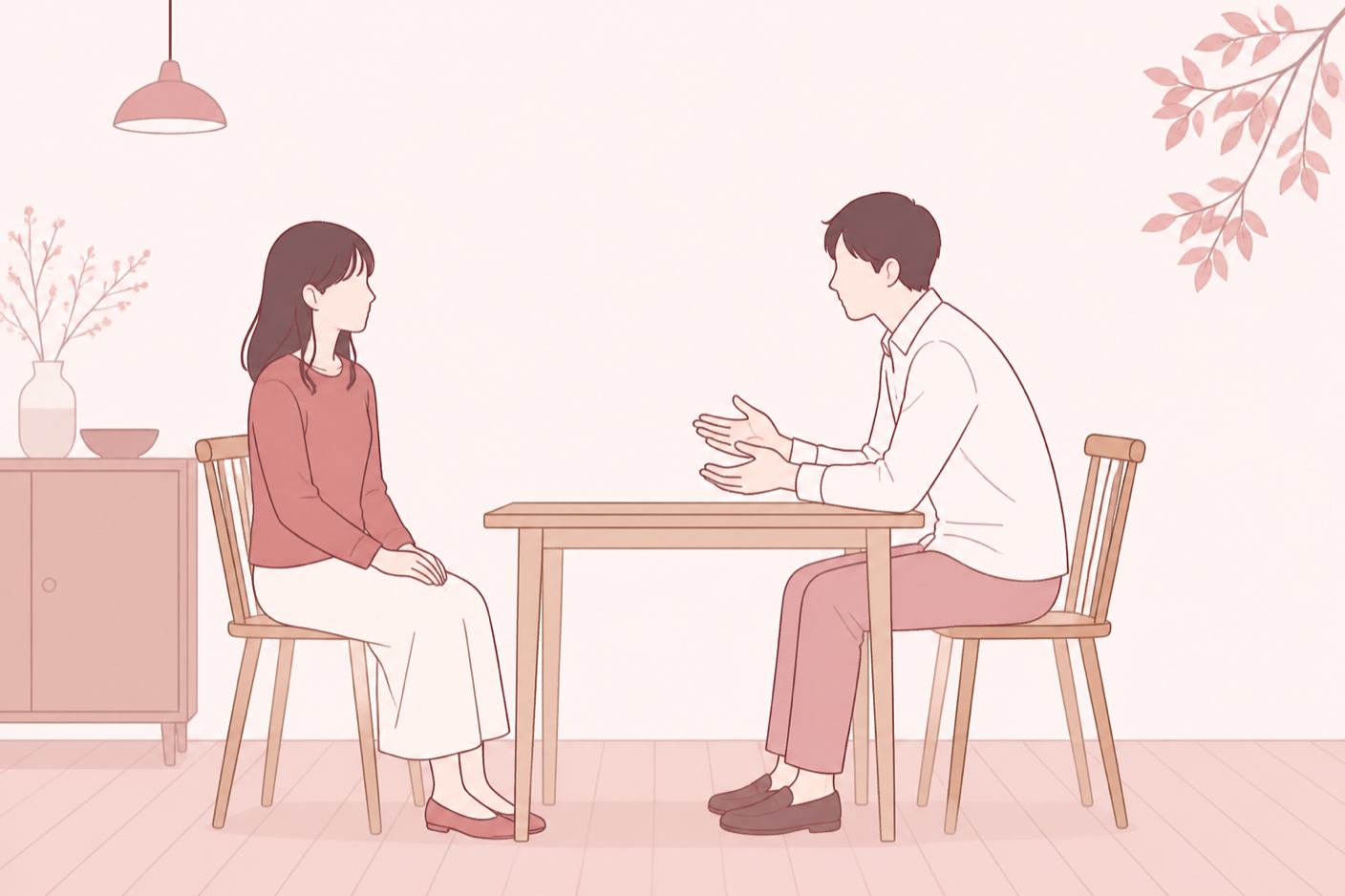 テーブルを挟んで向かい合い、手を膝に置いて相手の話を聞いている女性のイラスト