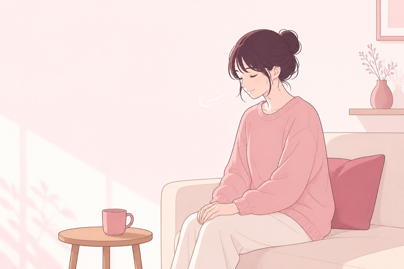 ソファでひとり、膝に手を置いて息をついている女性のイラスト