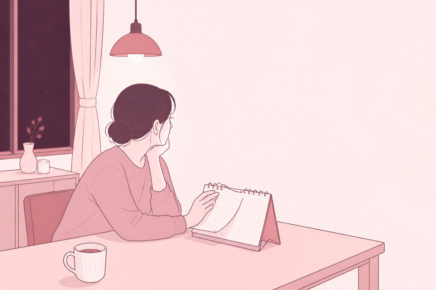 卓上カレンダーをめくろうとして手が止まっている女性のイラスト
