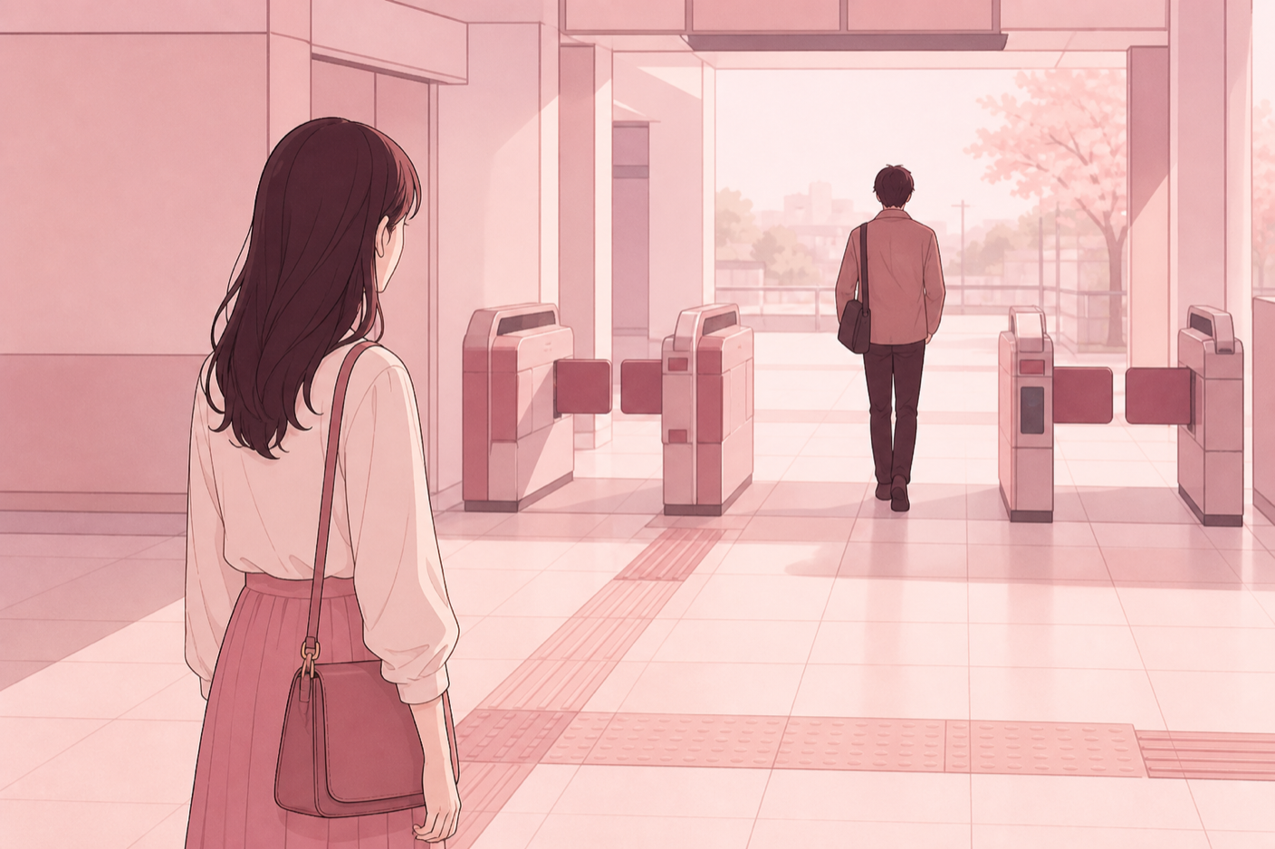 歩き出した相手の背中を、少し離れた場所から見送っている女性のイラスト