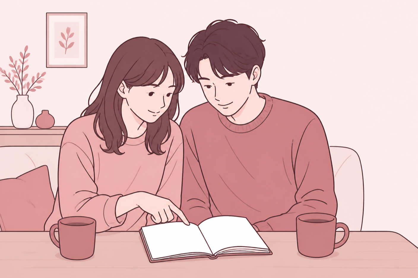 ソファに並んで座り、一緒に小さなノートを覗き込んでいる2人のイラスト