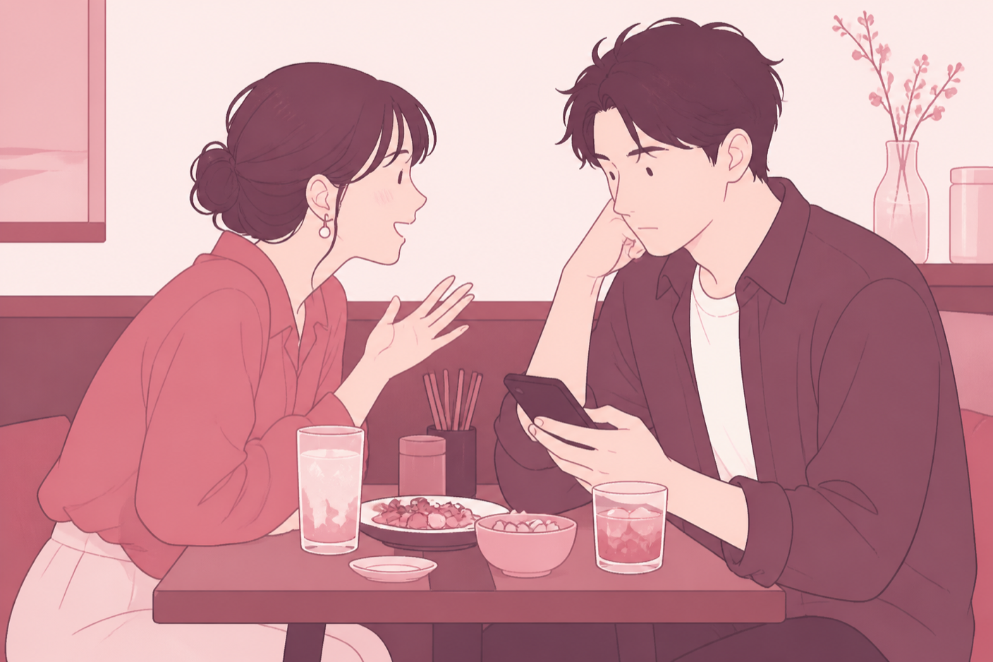 テーブル越しに楽しそうに話す女性と、少し体を引いて視線を落としている相手のイラスト