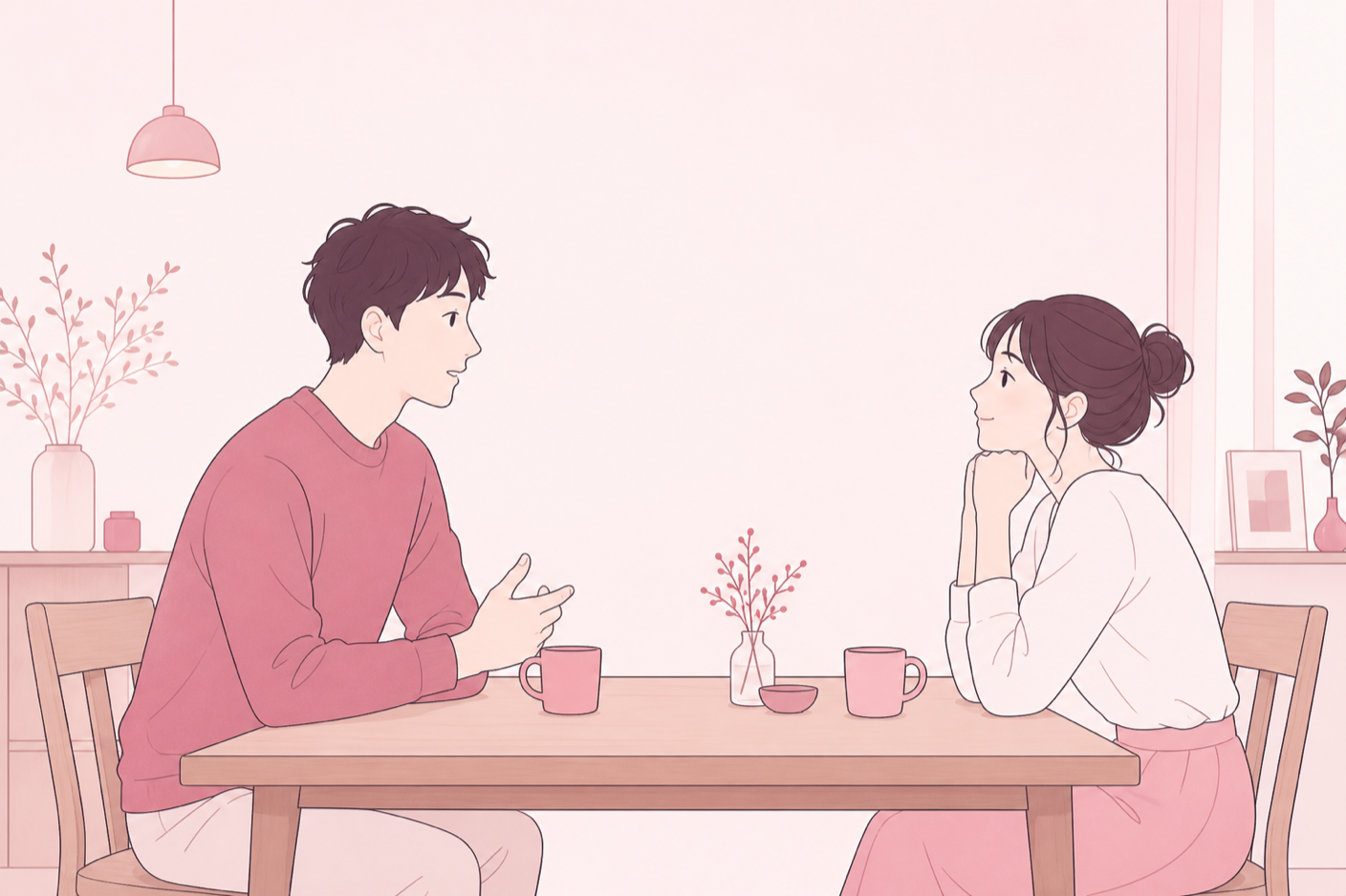 言葉を止めて言い直そうとしている男性と、顔を上げてほっとした表情の女性のイラスト