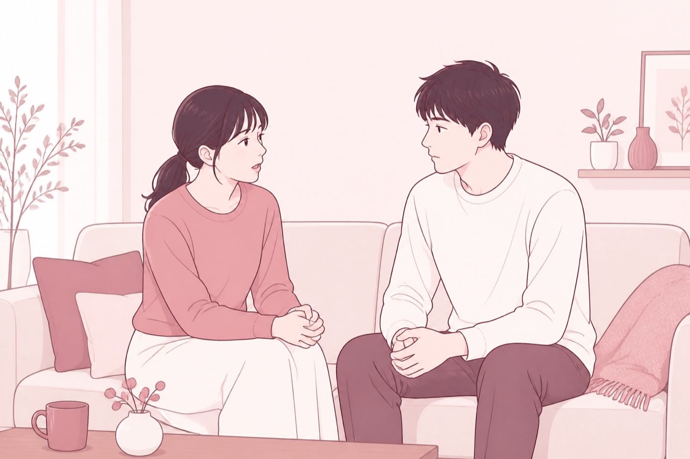 ソファで相手のほうを向き、言いにくそうに伝えようとしている女性のイラスト
