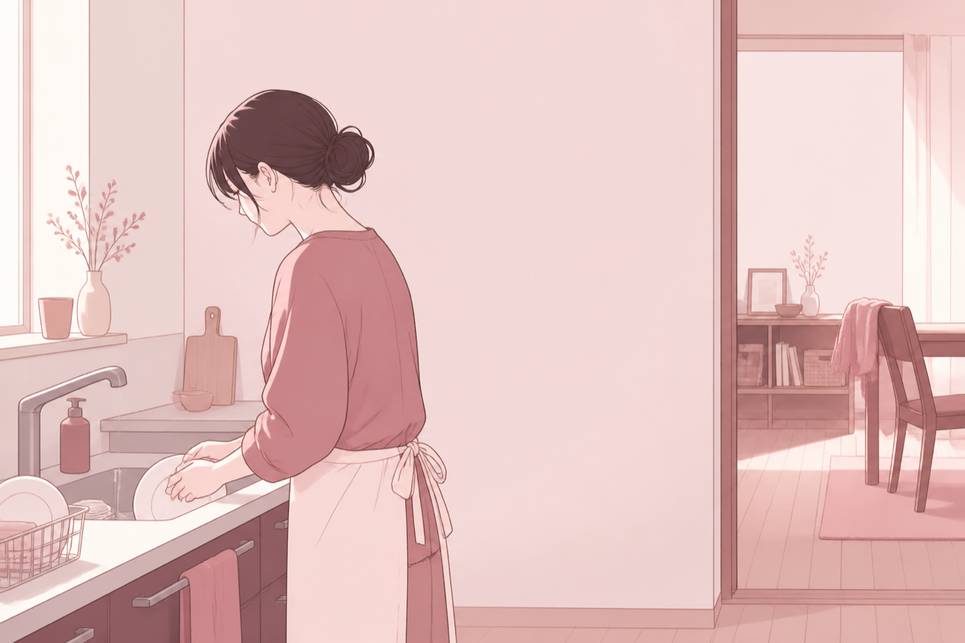 キッチンで手を止め、言葉を飲み込んでいる女性のイラスト