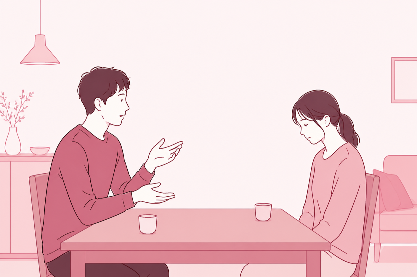 身ぶりを交えてやり方を説明している男性と、黙って言葉を飲み込んでいる女性のイラスト