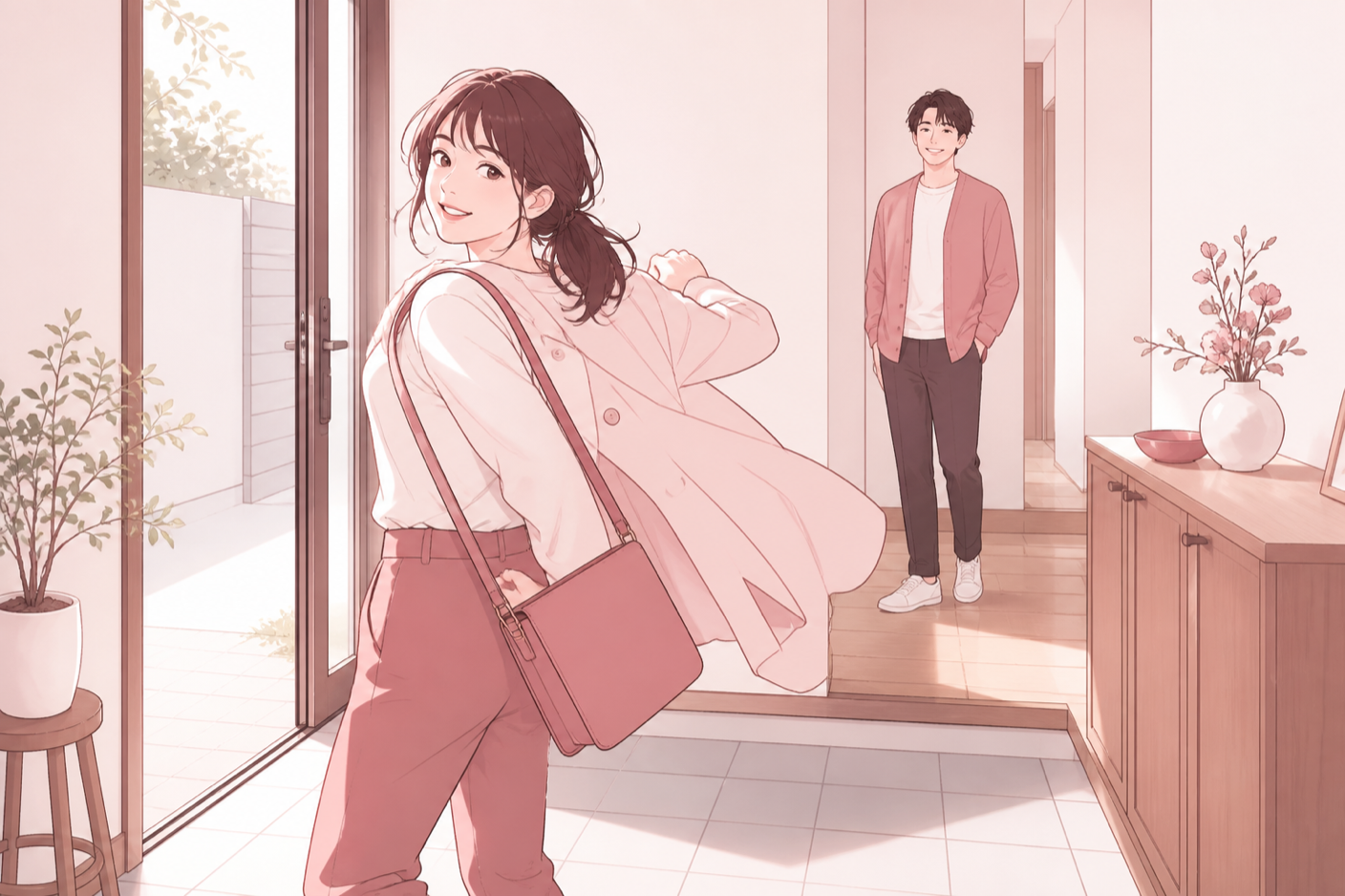 上着を羽織りながら振り返って笑い、出かける支度をしている女性のイラスト