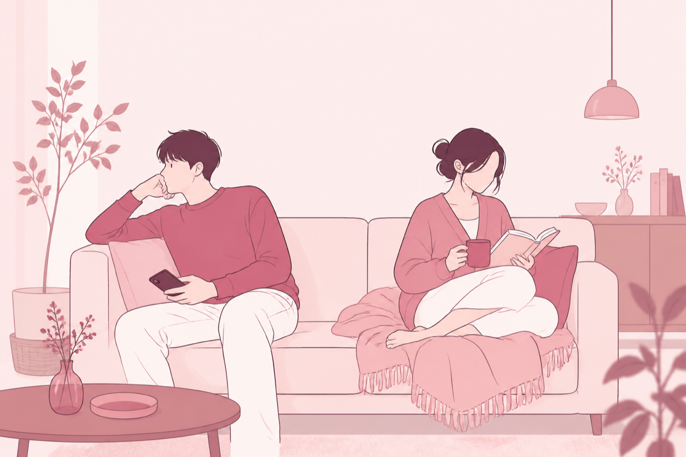 ソファで手持ち無沙汰にしている男性と、隣で落ち着いてくつろいでいる女性のイラスト