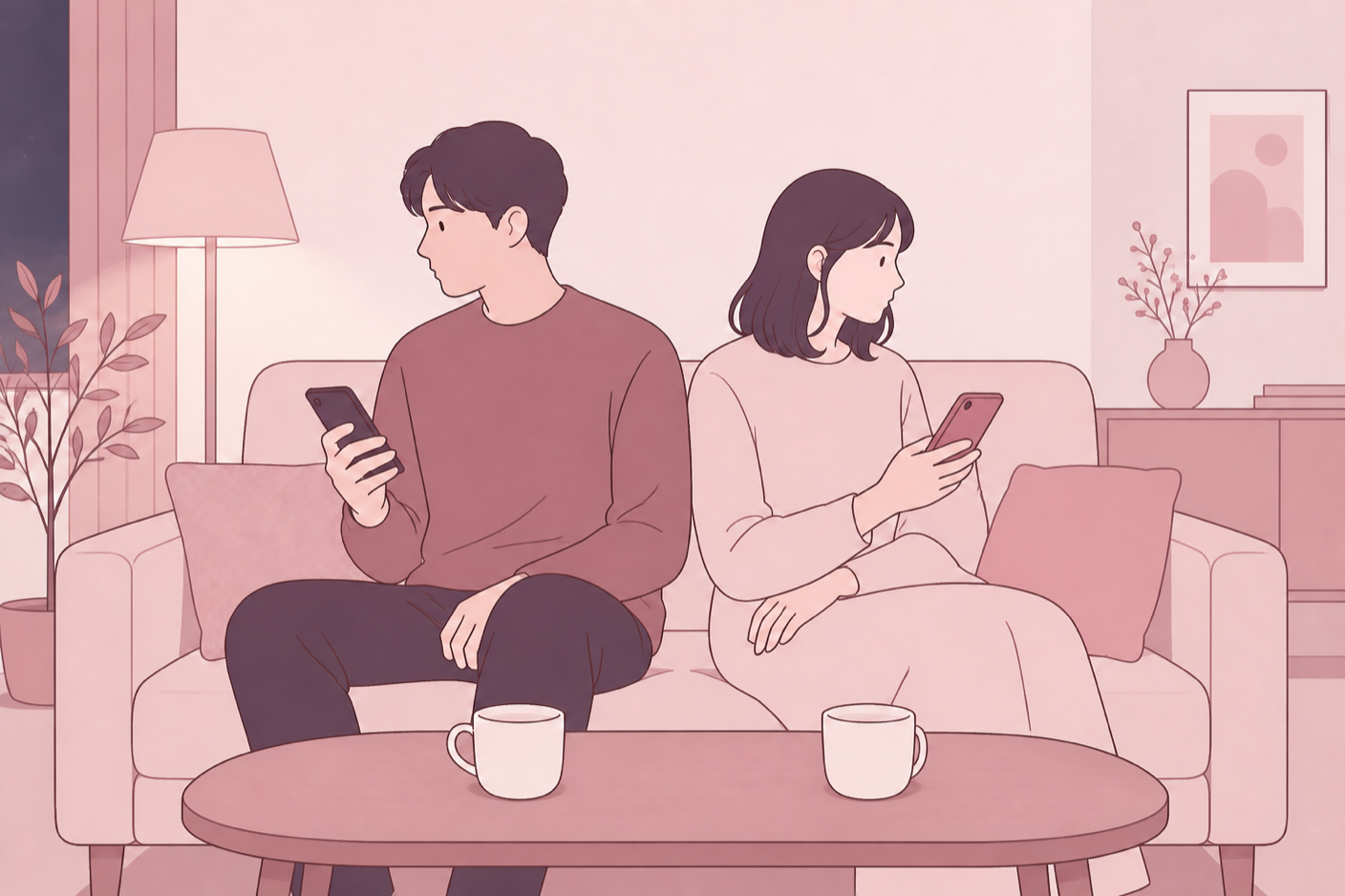 ソファに並んで座りながら、それぞれ別のほうを向いてスマホを見ている2人のイラスト