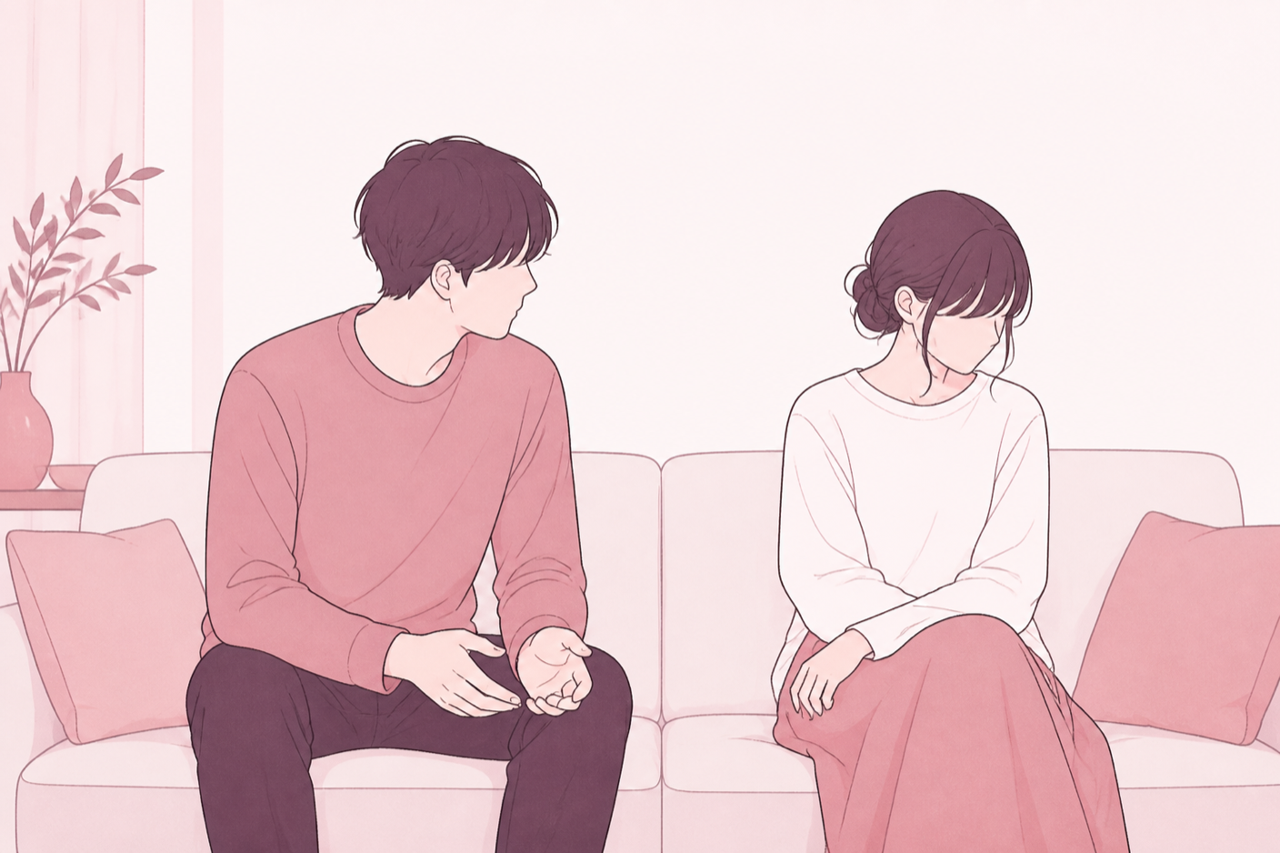 ソファに並んで座り、片方は話しかけようとし、もう片方は少し体を引いている2人のイラスト
