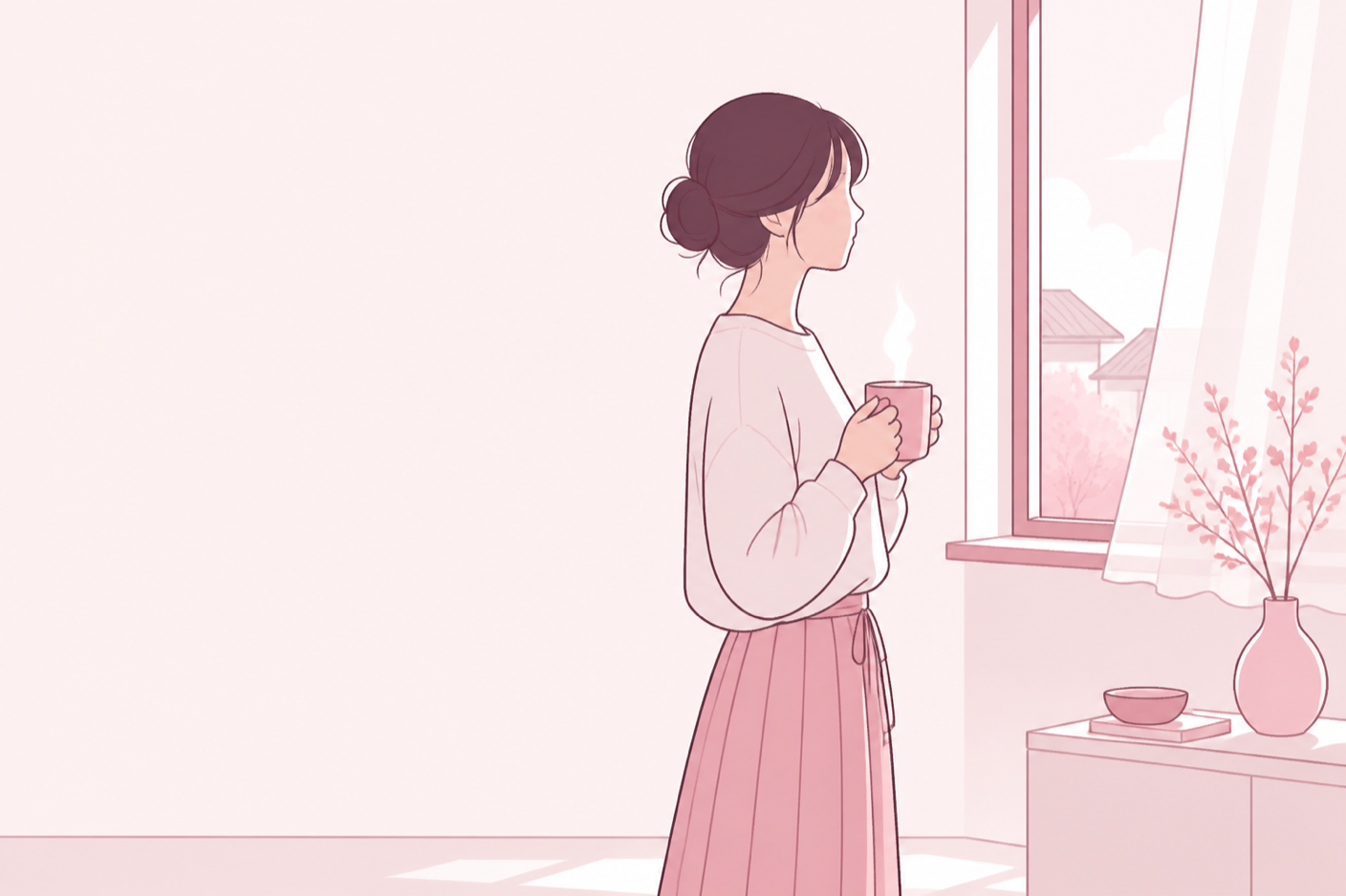 窓辺でカップを手に、外を眺めて息をついている女性のイラスト