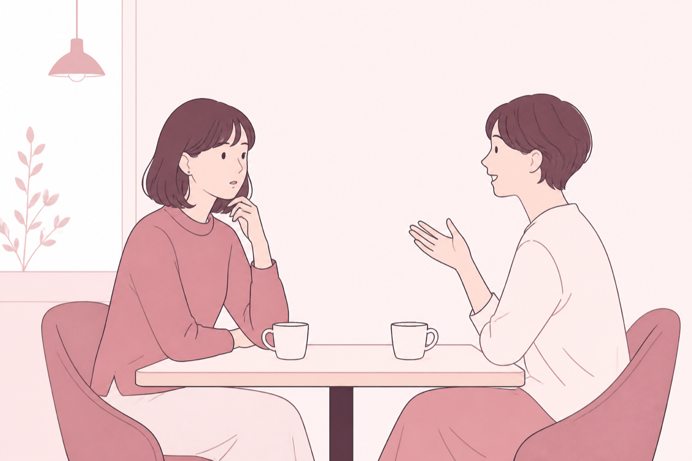 カフェで向かい合いながら、小さな違和感を覚えた瞬間の女性のイラスト