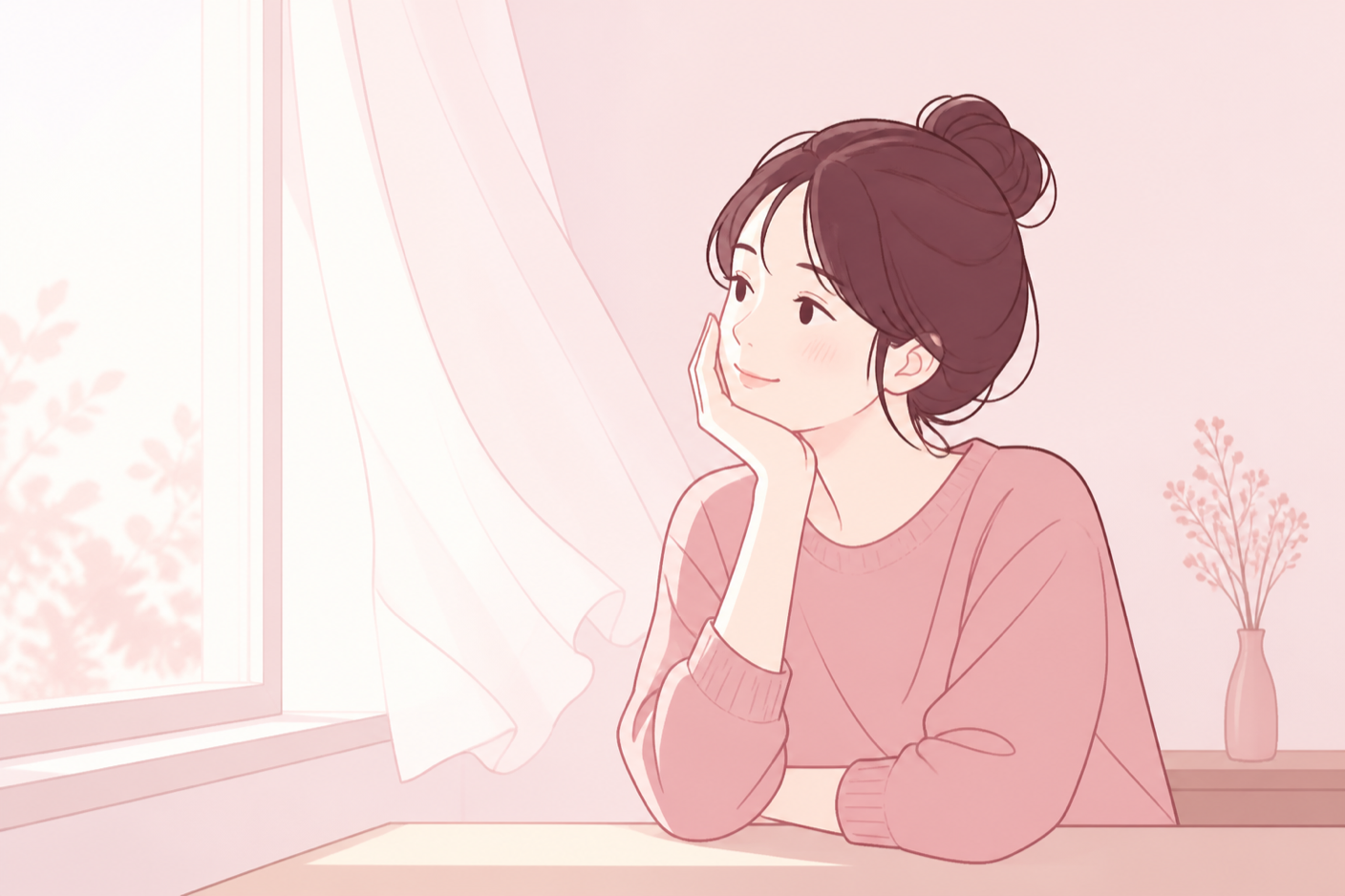 窓辺で頬杖をつき、遠くを見ながら思いを巡らせている女性のイラスト
