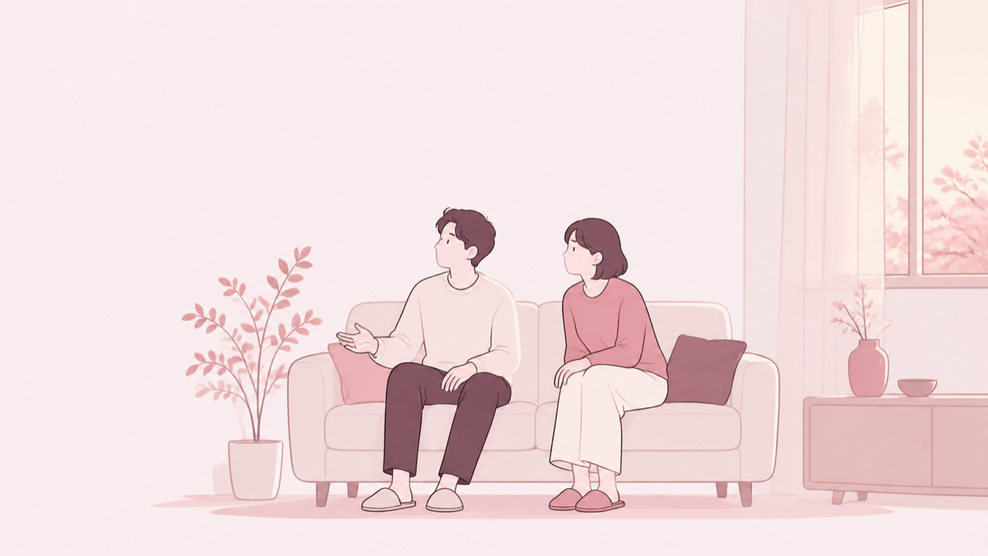 ソファに並んで座り、落ち着いた距離感で過ごしている2人のイラスト