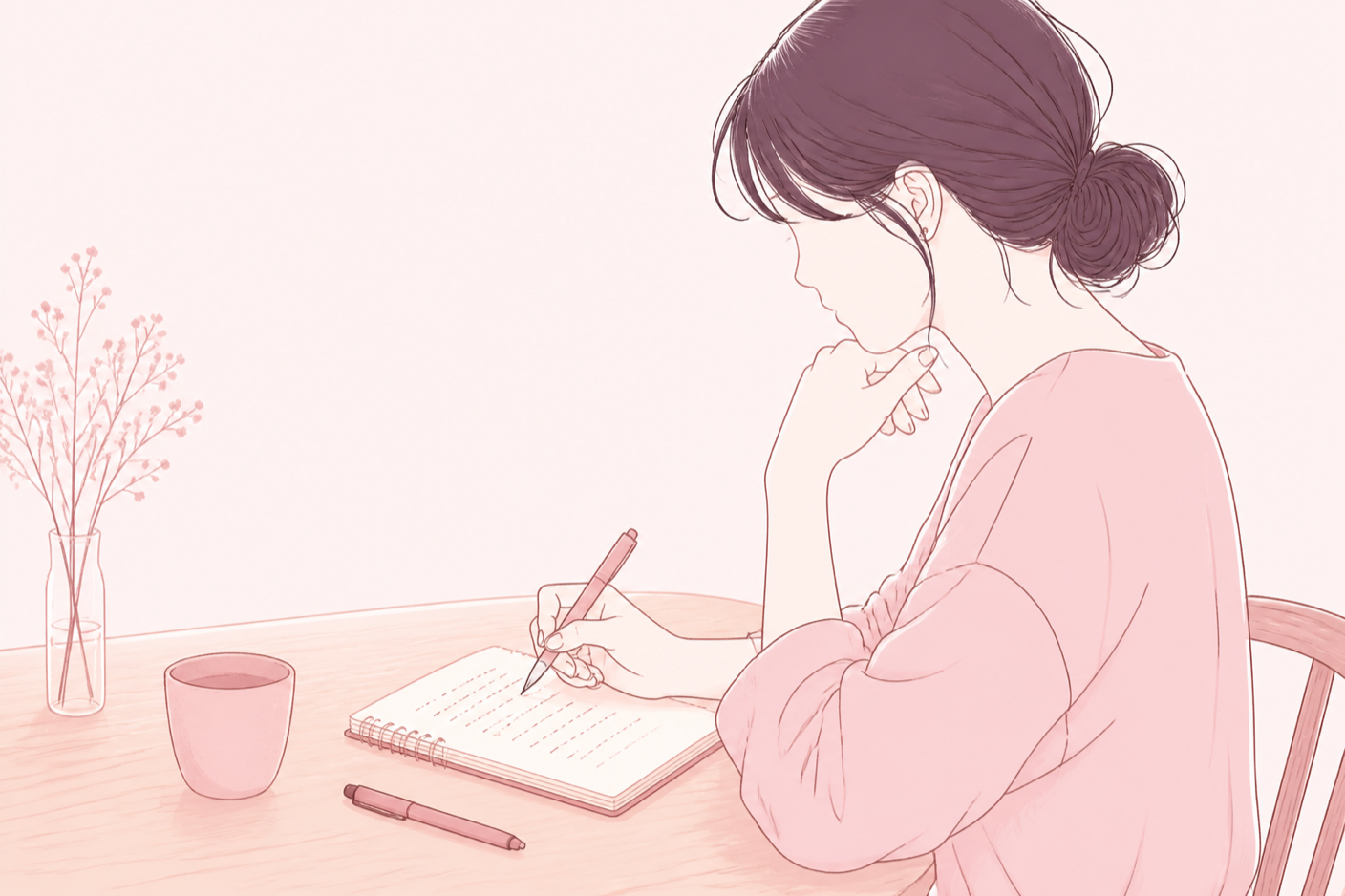 ノートに書き出しをして、伝えることを整理している女性の手元のイラスト