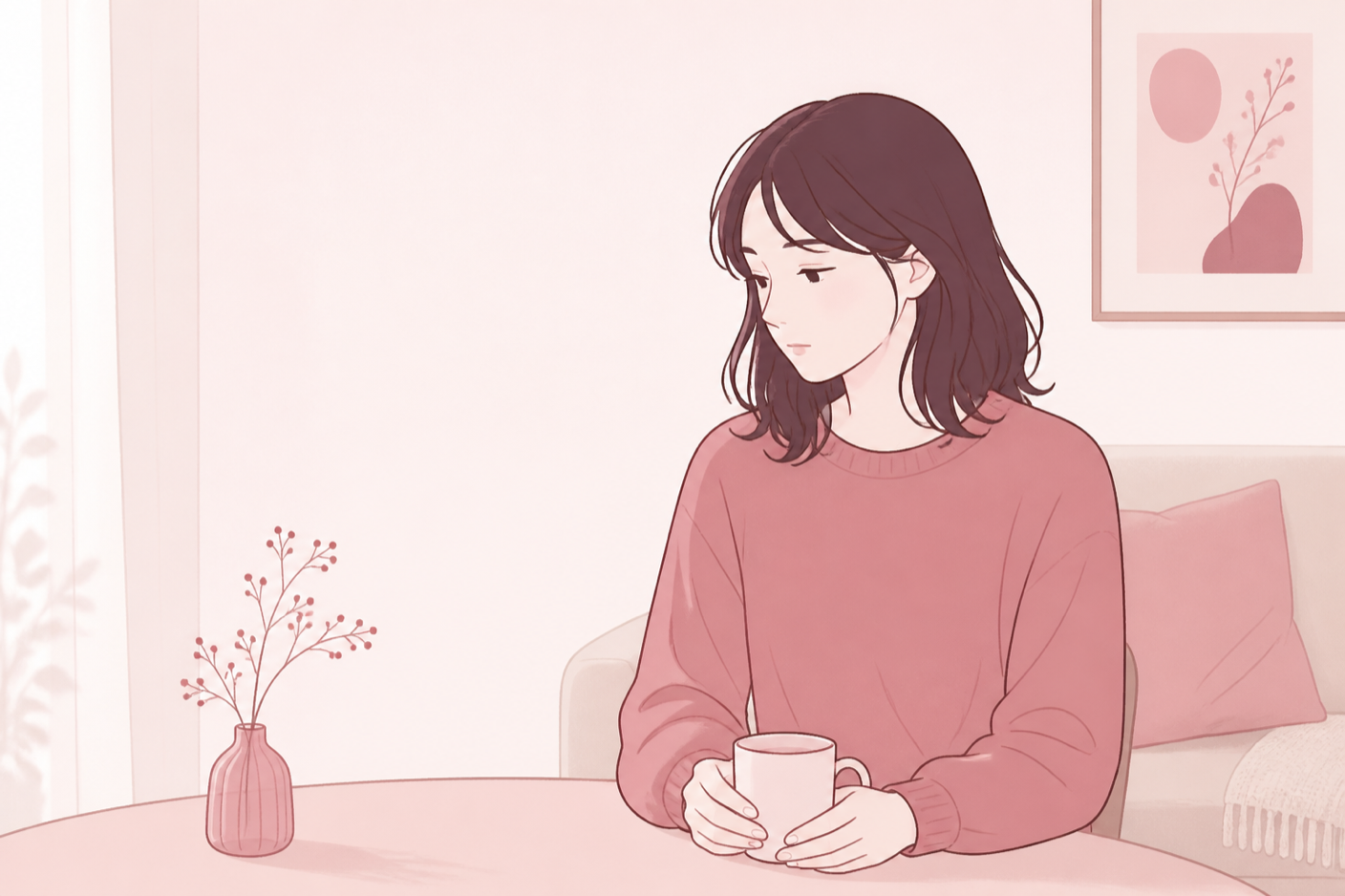 言いかけた言葉を飲み込んで、膝の上で手を重ねている女性のイラスト