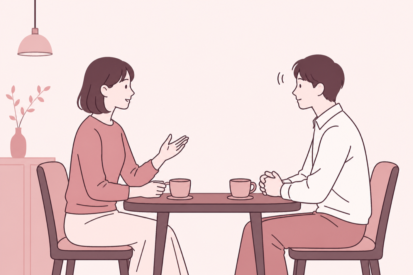 向かい合って座り、落ち着いて話している2人のイラスト