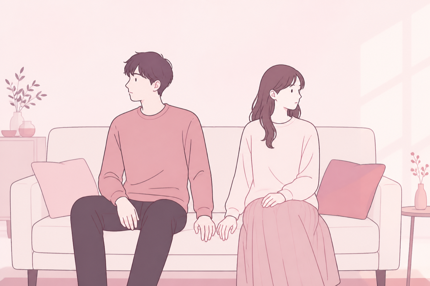 ソファに並んで座っているのに、それぞれ別の方向を見ている2人のイラスト