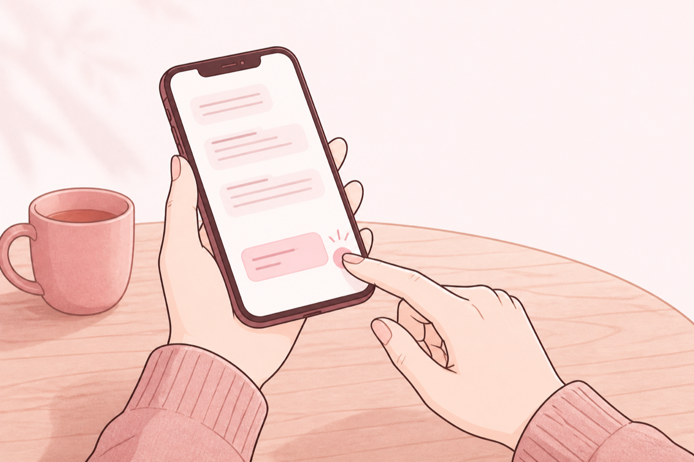 スマートフォンで短いメッセージを打っている手元のイラスト