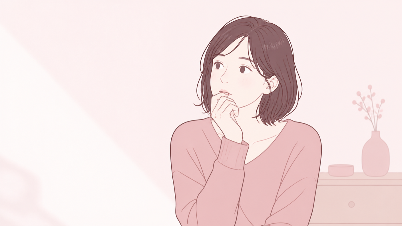 口元に手を添え、言葉を探したまま止まっている女性のイラスト