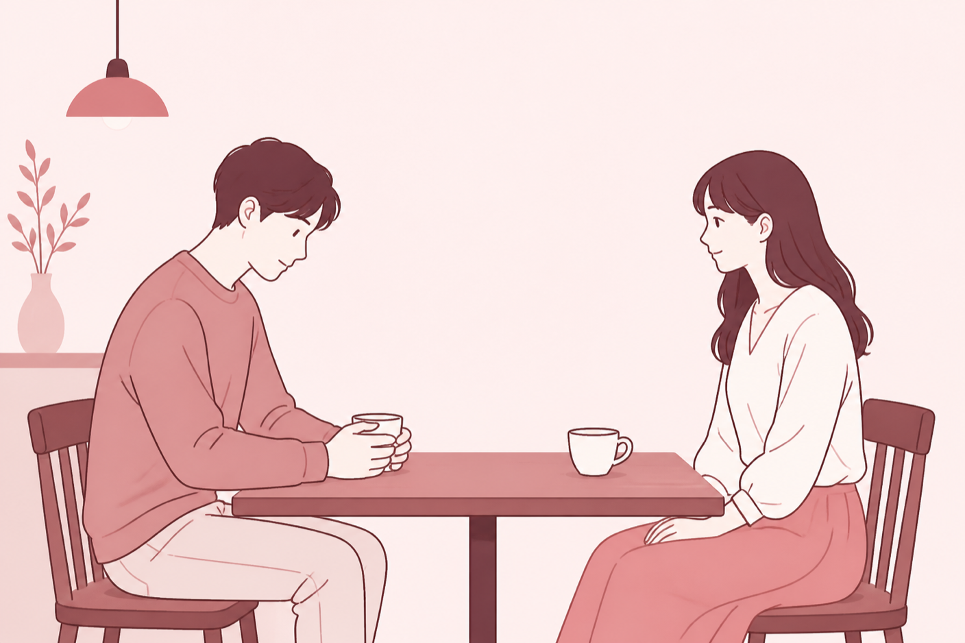 向かい合って座り、片方が急かさずに静かに待っている2人のイラスト