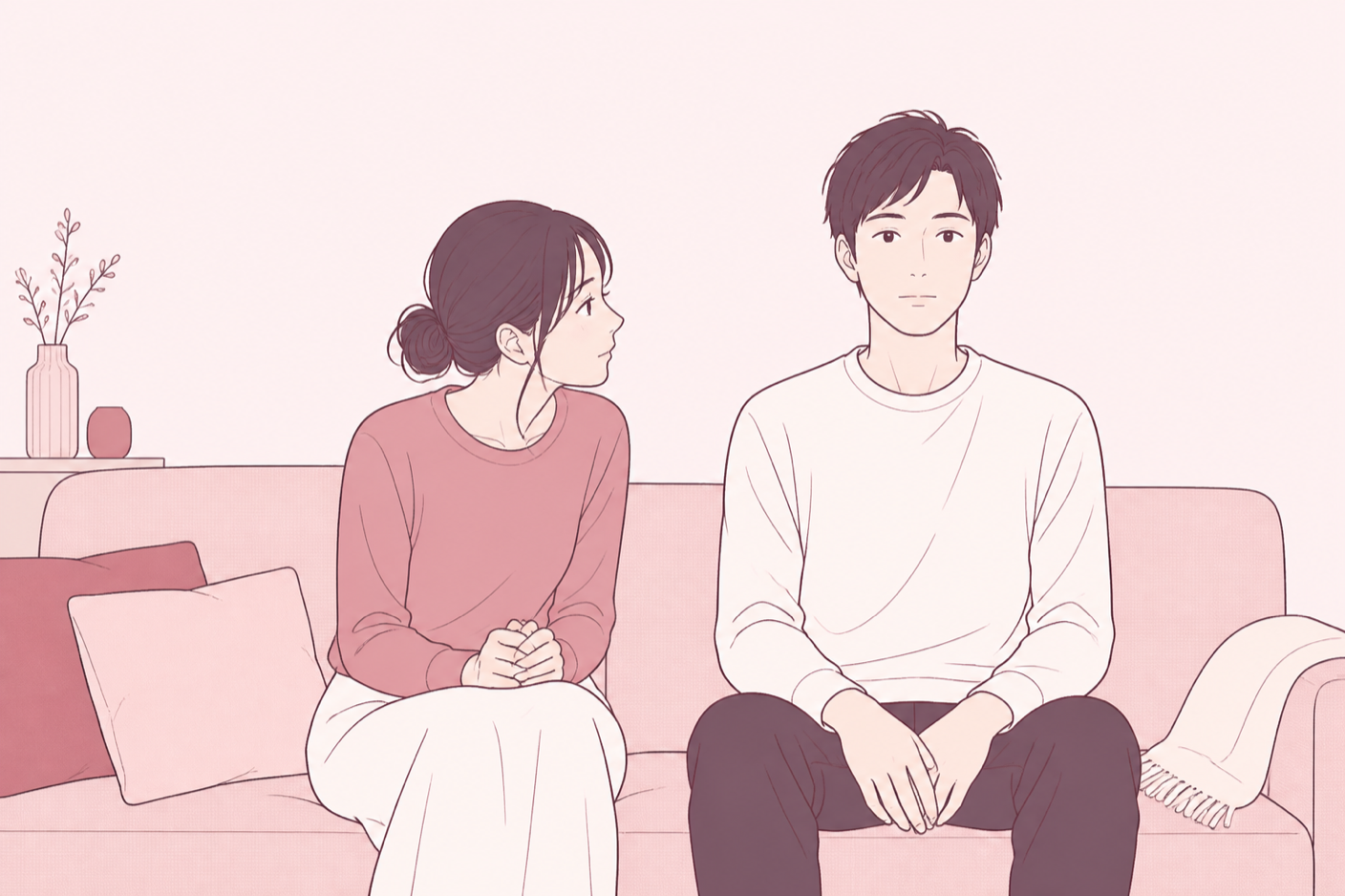 ソファで隣に座り、言いにくそうに相手のほうを見ている女性のイラスト