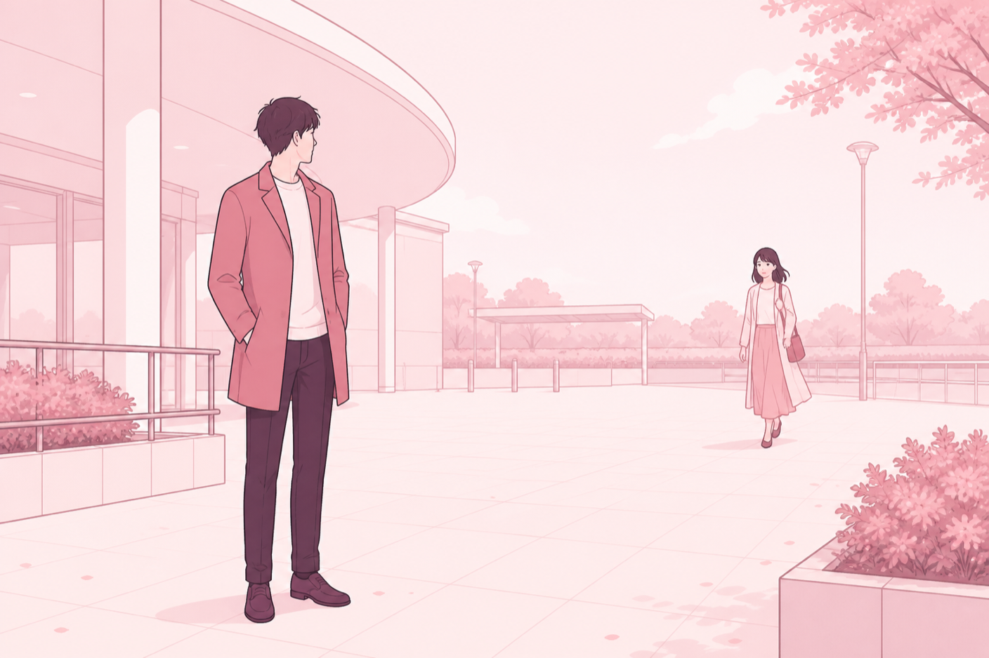 約束の時間ちょうどに待ち合わせ場所に立っている男性と、少し離れて歩いてくる女性のイラスト