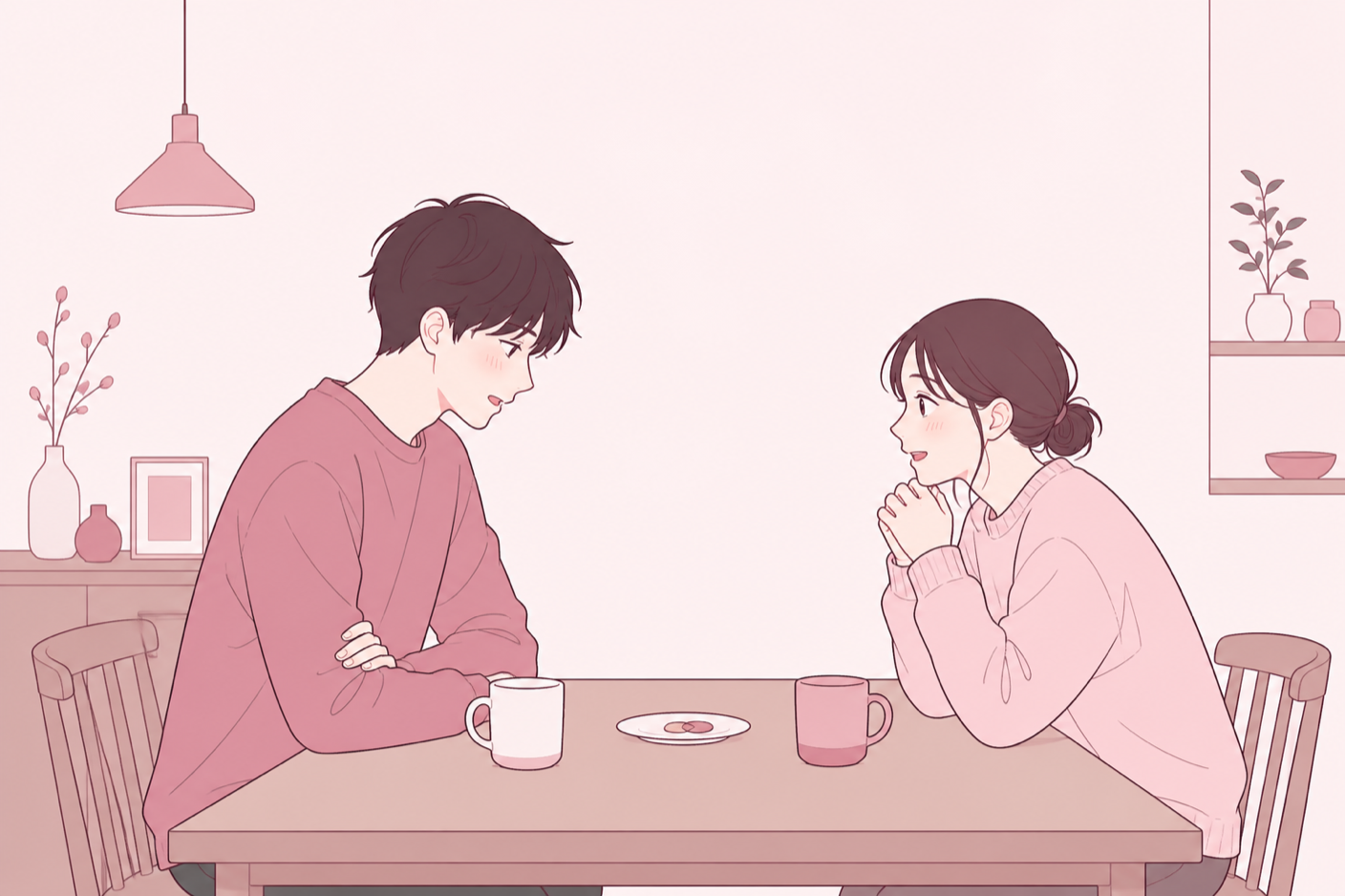 ダイニングで向かい合い、少し照れながら何かを話している男性と、うれしそうに聞いている女性のイラスト