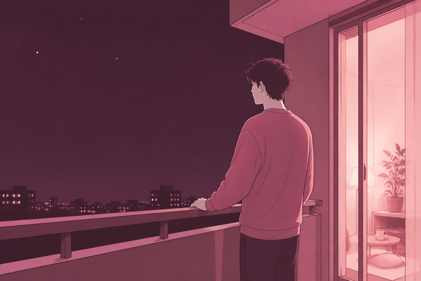 夜のベランダで手すりにもたれ、静かに外を見ている男性のイラスト