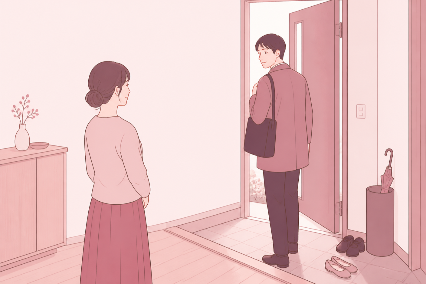 玄関先で振り返り、短く一言だけ声をかけている男性と、安心した表情の女性のイラスト