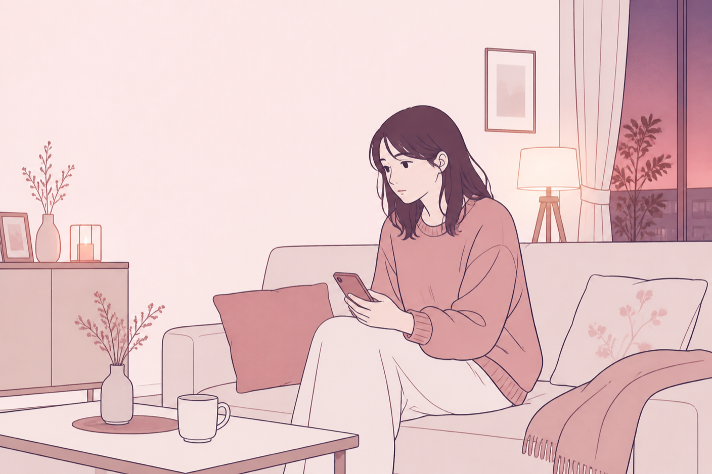 夕方のリビングでスマホを手にしたまま考えこんでいる女性のイラスト