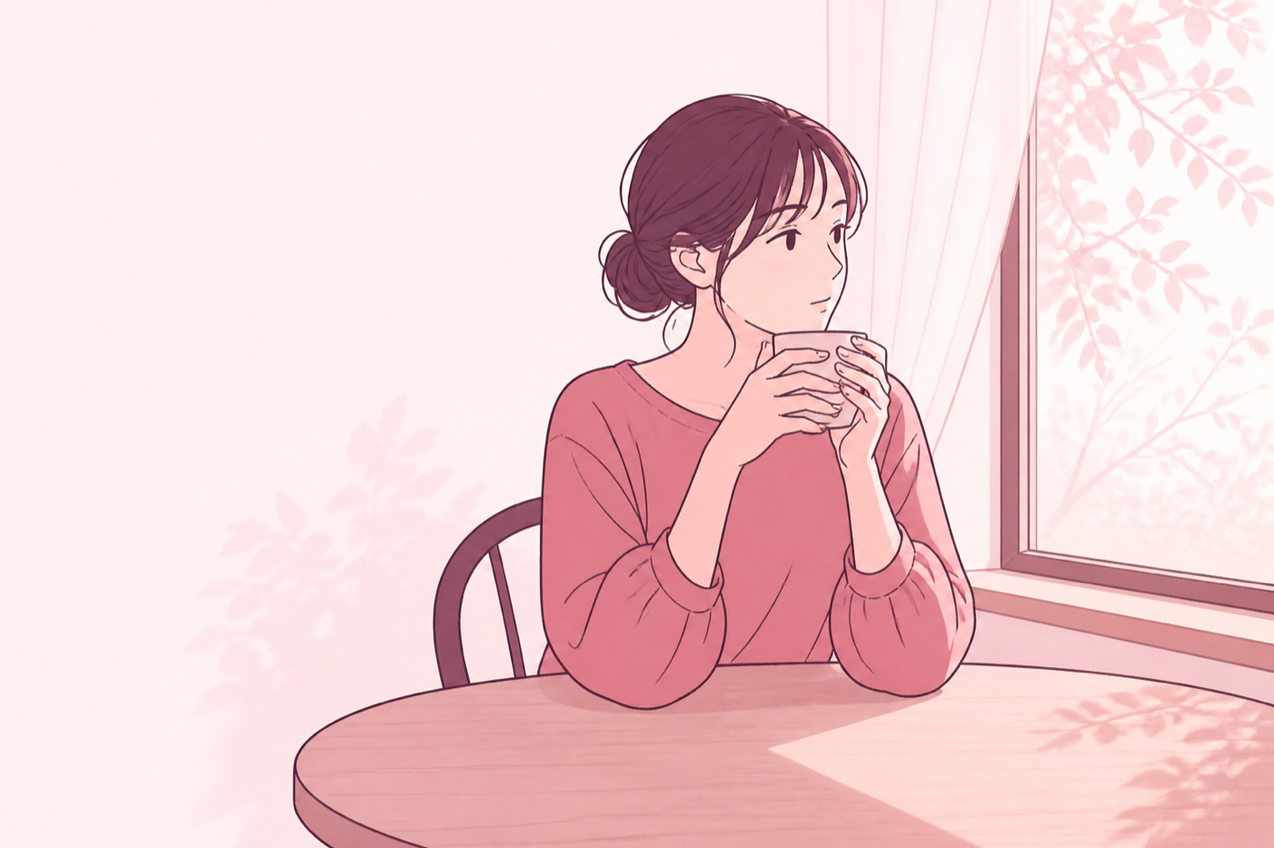 窓辺のテーブルでカップを両手で持ちながら考えている女性のイラスト