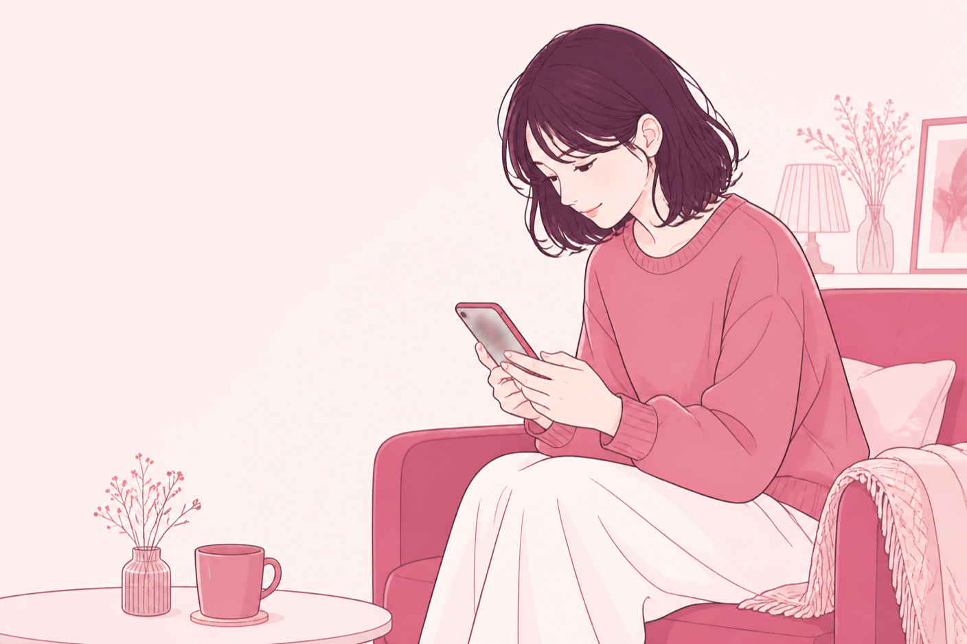 ソファに座り、スマートフォンで調べものをしている女性のイラスト